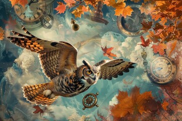 Wall Mural - Great Horned Owl, its wings outstretched in mid-flight, feathers morphing into autumn leaves