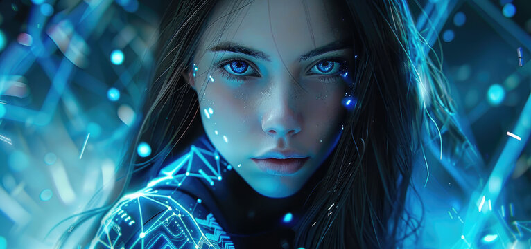A beautiful female humanoid robot with glowing blue eyes looking straight at the camera, surrounded by digital circuitry and futuristic technology in an advanced cyberpunk setting