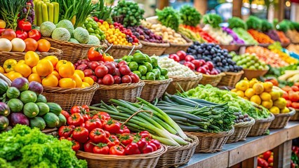 Wall Mural - Variety of fresh fruits and vegetables on display at a farmers market , healthy, organic, colorful, assortment, market