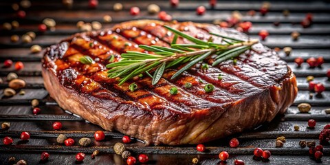 Juicy grilled steak with perfect grill marks, steak, BBQ, grilling, charred, succulent, meat, cooking, food, flames, barbecue