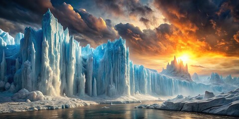 A massive wall of ice and fire towering high in a fantastical landscape, ice, fire, wall, giant, fantasy, landscape, power