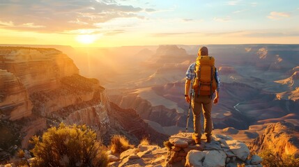 Canvas Print - Hiker Admiring Breathtaking Canyon Sunrise with Warm Light and Dramatic Shadows