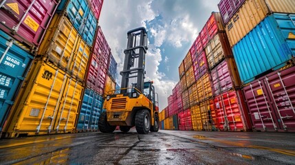 Wall Mural - Container handlers lift colorful containers in a shipping yard with space for text, depicting logistics in import-export and freight transportation