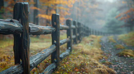 An old rustic wooden fence with a rusty barbed wire, set in a green countryside meadow with a blue sky and distant mountains