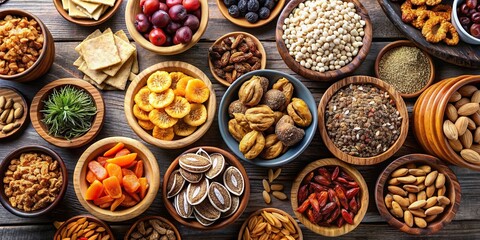 A variety of popular snack foods including sunflower seeds and dried fruits, snack foods, popular, sunflower seeds