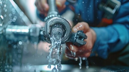 Wall Mural - An adjustable wrench in the hand of a male plumber repairing a leaking sink pipe