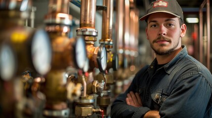 Wall Mural - An illustration of a plumbing service concept showing a water worker with a copper pipeline in a technical room, along with boilers, expansion tanks, and pressure gauges