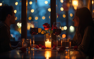 Wall Mural - A couple enjoying dinner by candlelight at a restaurant, with roses and wine glasses on the table, creating a romantic atmosphere for celebrating Valentine's Day