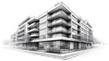 construction sketch of a modern building on a white background