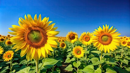 Wall Mural - Vibrant sunflowers standing tall against a clear summer sky, sunflowers, summer, sky, vibrant, nature, garden, yellow, background