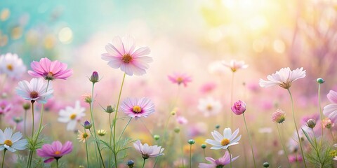 Wall Mural - Soft pastel flower field background in a tranquil setting, pastel, flowers, field, background, soft, tranquil, peaceful, colorful