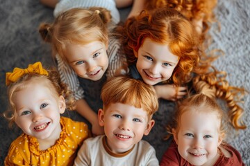 Group portrait of happy kids huddling, looking down at camera and smiling. Friendship concept