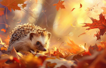 Wall Mural - A hedgehog playing in the autumn leaves, a charming and adorable scene.