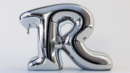 Sleek and shiny 3D molten metal letter R, part of the English alphabet, with a reflective finish and abstract fluid droplet design, perfect for contemporary Y2K font styles.