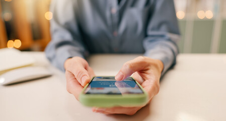 Poster - Business, person or hands on phone to scroll for email in office for networking on app for social media. Screen closeup, internet or secretary texting on mobile for research or online news on website