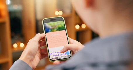 person, hands and screen of smartphone for review or contact us for online shopping, submission and 