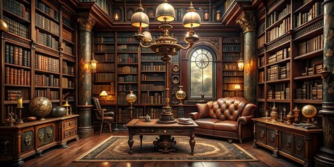 Steampunk style library with antique books, brass fixtures, and vintage decor , steampunk, library, vintage, antique, books