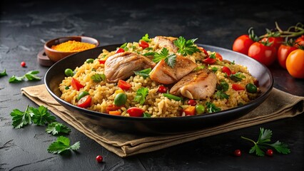 Pilaf with chicken meat and vegetables on a black background, Pilaf, chicken, meat, vegetables, rice, dish, food, meal, delicious