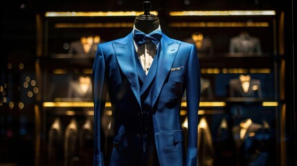 An isolated blue suit tuxedo is displayed on a mannequin against a black background.