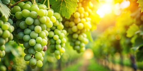 Wall Mural - Closeup of ripe green grapes growing on vines in a vineyard, grapes, vineyard, closeup, agriculture, farming, harvest, winery, fruit