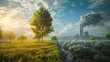 © sirisakboakaew - An illustration illustrating a green tree and meadow with clear air in comparison to a factory emitting pollution and its impact on climate change.