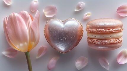 Poster -   Two macaroons, a heart-shaped cookie, and a pink flower on a light gray background with petals