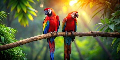 Two colorful parrots sitting on a thick branch in a tropical forest, parrots, birds, tropical, colorful, feathers, wildlife, nature