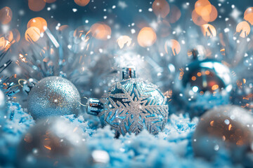 a silver and blue ornaments on snow