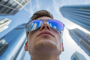 A young man wearing mirrored sunglasses that reflect the skyscrapers of a big city business district. Concept of a budding businessman, promising future.