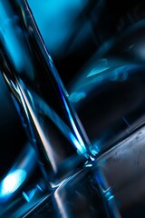 wallpaper of macro photo of clean polished glass and silver metall, edges with light from four different colors, depth of field, blurred, dark navy and dark azure, dark background, natural colors, 2:3