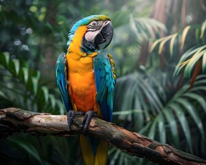 Wall Mural - Vibrant Parrot Perched on Tropical Rainforest Branch with Lush Greenery