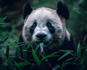 Canvas Print - Peaceful Panda Munching on Bamboo in Lush Forest Setting