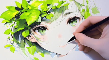 Wall Mural - drawing anime manga on paper using a brush