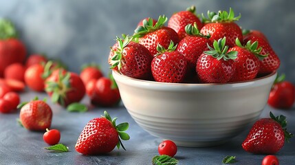   A close-up shot of a strawberry bowl on a table with surrounding strawberries