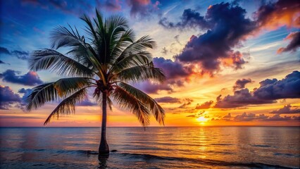 Wall Mural - Beautiful palm tree silhouetted against a colorful ocean sunset , palm tree, ocean, sunset, beach, tropical, silhouette, horizon