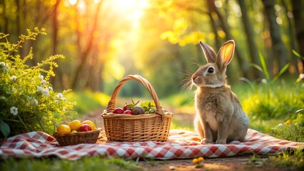 Wall Mural - Rabbit Enjoying Picnic in Forest with Fruits. Perfect for: Nature Themes, Family Picnics, Wildlife Enthusiasts, Outdoor family outings, Nature reserve advertisements, Picnic essentials promotions.