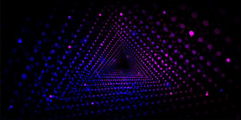 Wall Mural - neon glow dots in form of triangular tunnel of blue and purple gradient color on black background. r