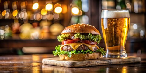 close up of a handmade hamburger and beer on a bar counter, food, hamburger, beer, homemade, handcra