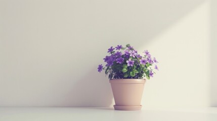 Wall Mural - Concept of home garden with potted violet flower against light backdrop White wall with space for text