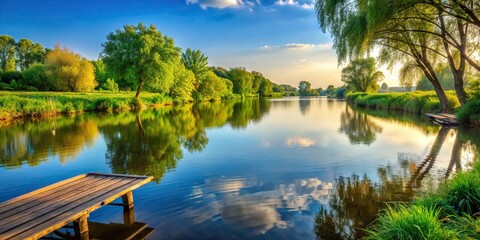 Wall Mural - Tranquil riverside setting with a peaceful atmosphere, serene, tranquil, water, river, nature, peaceful, calm, scenic