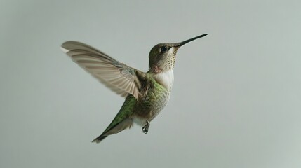 Poster -   A hummingbird flies in mid-air, wings open wide, beak pointed down