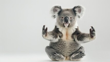 Poster -   A koala sitting in a pose, holding its hands up high and tilting its head back