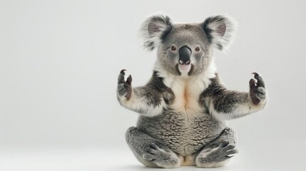 Sticker -   A koala sitting in a pose, holding its hands up high and tilting its head back