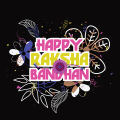 Wall Mural - Sticker Style Happy Raksha Bandhan Text Adorned by Floral on Dark Background, Can Be Used as Greeting Card.