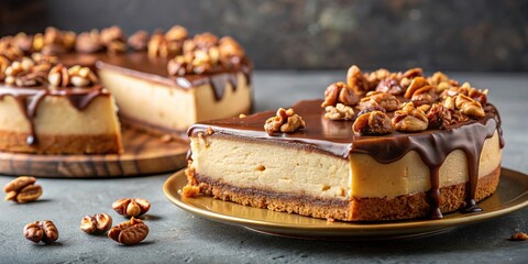 Decadent walnut nougat cheesecake with chocolate glaze and chopped nut bar topping, dessert, cake, chocolate, nuts