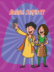 Poster - Indian Brother and Sister Taking Selfie After Celebrating Raksha Bandhan Festival, Can Be Used as Greeting Card.