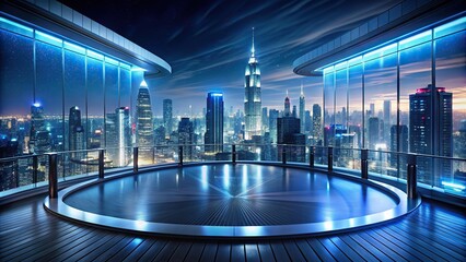 Wall Mural - Elevated modern high-tech platform with panoramic view of futuristic cityscape at night in rendering , future