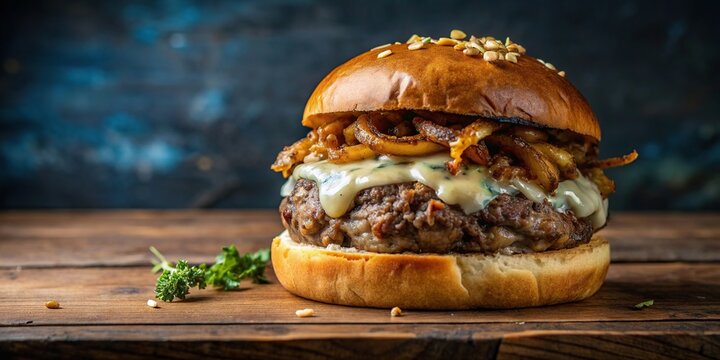 Delicious blue cheese burger topped with caramelized onion , gourmet, food photography, burger, tasty, savory, juicy