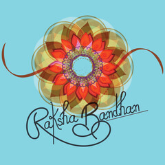 Poster - Raksha Bandhan Greeting Card with Flower Rakhi on Blue Background.