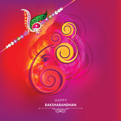 Poster - Happy Raksha Bandhan Greeting Card with Creative Lord Ganesha Face, Beautiful Rakhi on Gradient Pink and Red Background.